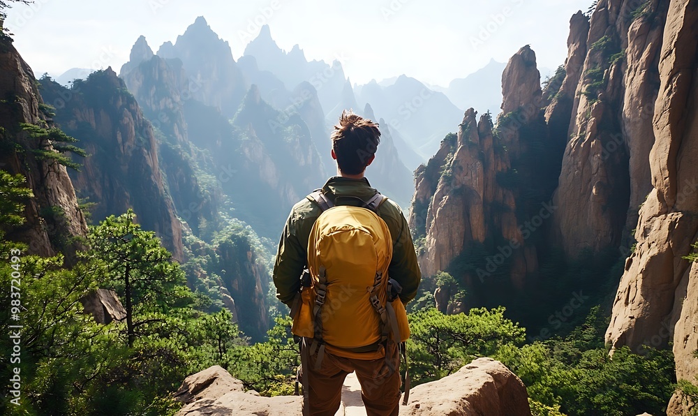 Obraz premium Hiker Gazing at the Majestic Mountain Valley