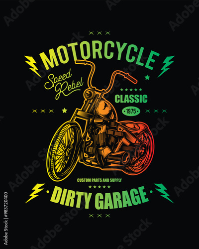 T-shirt or poster design with an illustration of an old motorcycle. Original vector illustration in vintage style. photo