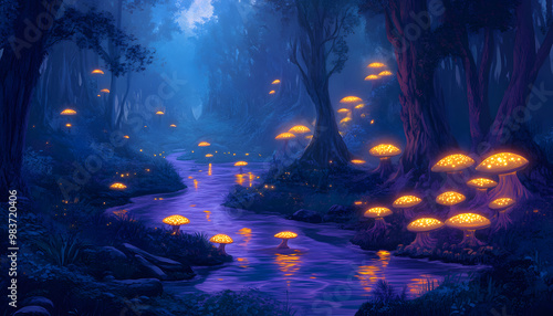 A mystical forest with glowing mushrooms, winding rivers, and floating islands, creating a magical and otherworldly feel