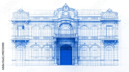 A detailed architectural blueprint showcasing an Art Nouveau building design in blue. intricate lines and patterns highlight elegance and complexity of structure, evoking sense of creativity and inspi photo