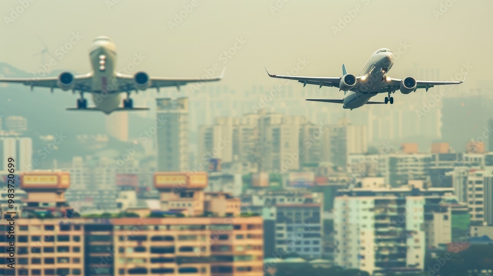 Aerial view of two airplanes, one large and one small, flying in formation with a cityscape below, symbolizing a successful airline acquisition and strategic partnership. Aerial view of two airplanes, one large and one small, flying in formation with a cityscape below, symbolizing a successful airline acquisition and strategic partnership.