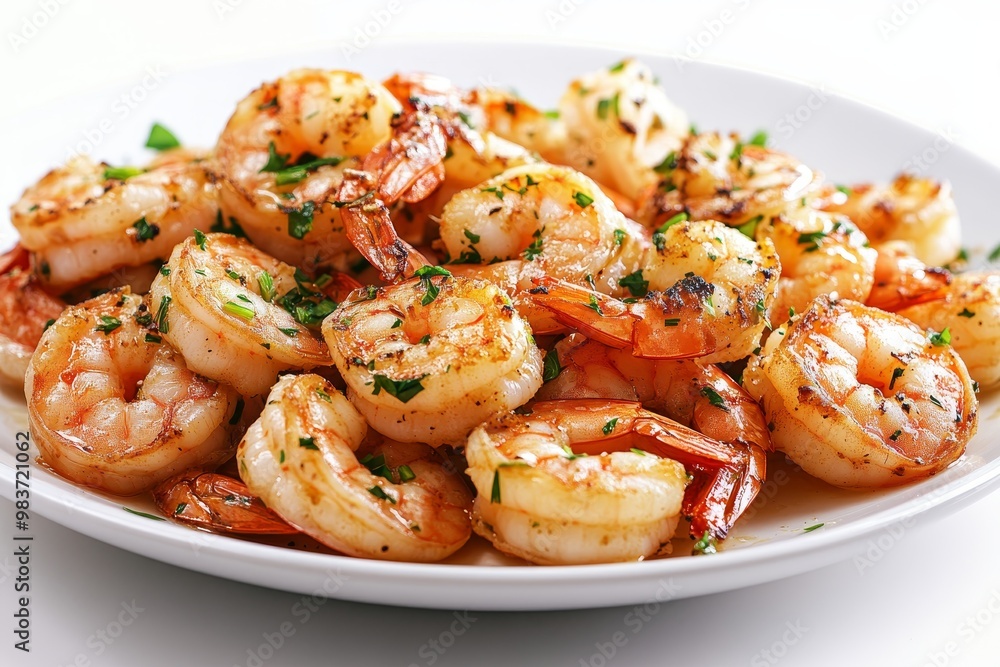A plate of succulent, garlic butter shrimp. Each shrimp is perfectly cooked and seasoned with a flavorful blend of garlic butter, creating a mouthwatering dish. The shrimp are arranged on a white plat A plate of succulent, garlic butter shrimp. Each shrimp is perfectly cooked and seasoned with a flavorful blend of garlic butter, creating a mouthwatering dish. The shrimp are arranged on a white plat