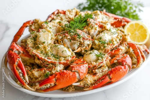 A platter of succulent crab claws, delicately prepared in a creamy Newburg sauce, garnished with fresh dill. This dish is a culinary delight, perfect for special occasions. photo