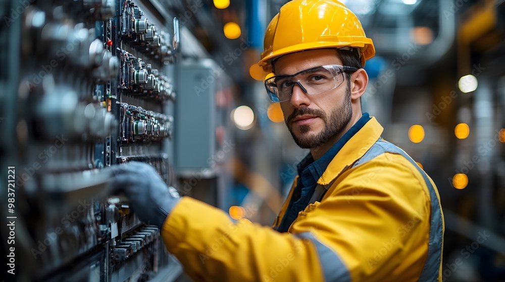 Technician managing the electrical connections of solar panels with an inverter, showing expertise in clean energy installations in a large industrial plant. Technician managing the electrical connections of solar panels with an inverter, showing expertise in clean energy installations in a large industrial plant.