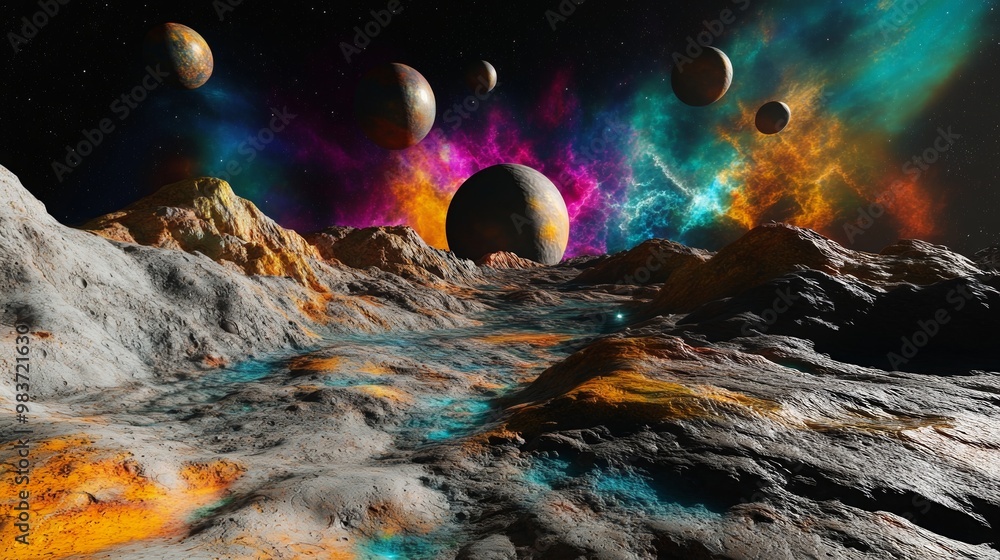 Obraz premium An alien planetâ€™s surface with colorful gases and multiple moons visible in the sky
