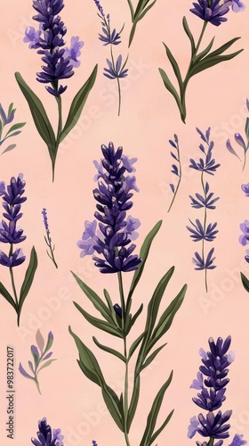 Lavender pattern on pale peach pastel background, viewed from above