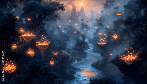 A mystical forest with glowing mushrooms, winding rivers, and floating islands, creating a magical and otherworldly feel