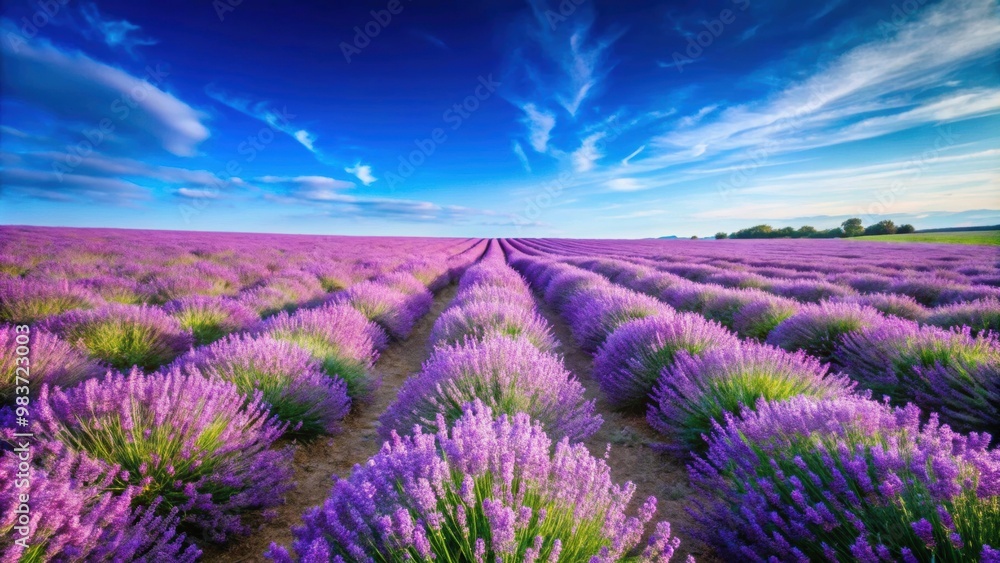 Fototapeta premium Vibrant lavender field under a clear blue sky on a sunny summer day, lavender, field, flowers, purple, summer, picturesque