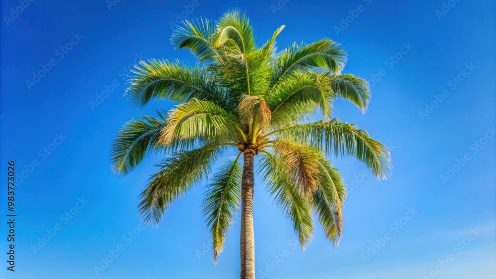 Tall palm tree against clear blue sky, symbolizing tropical tranquility and relaxation, palm tree, tropical, tranquility Tall palm tree against clear blue sky, symbolizing tropical tranquility and relaxation, palm tree, tropical, tranquility