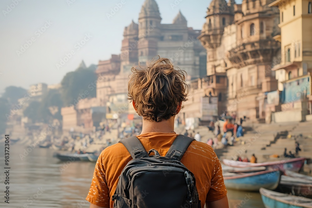 Fototapeta premium Tourist Looking at the Ghats in Varanasi, India