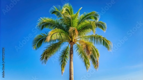 Tall palm tree against clear blue sky, symbolizing tropical tranquility and relaxation, palm tree, tropical, tranquility