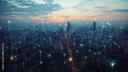 Conceptual smart city with data connectivity and communication links.