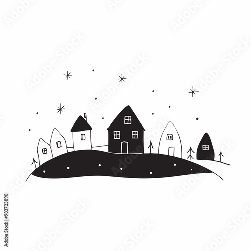Christmas suburban winter wonderland with colorful lights, Christmas decorated houses, Christmas colorful lights, night time, starry night