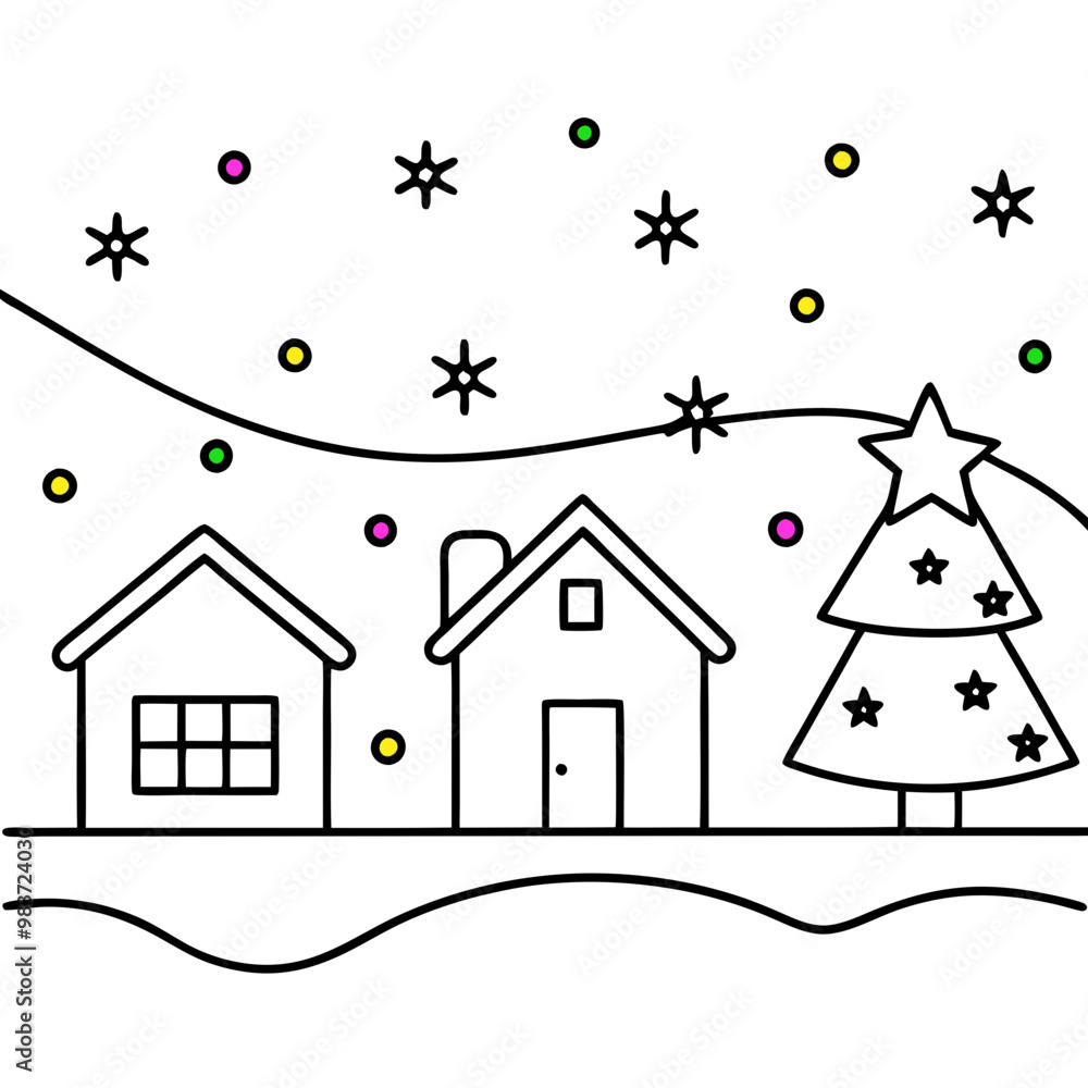 Fototapeta premium Christmas suburban winter wonderland with colorful lights, Christmas decorated houses, Christmas colorful lights, night time, starry night