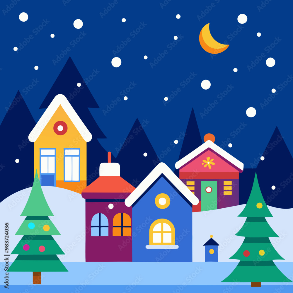 Obraz premium Christmas suburban winter wonderland with colorful lights, Christmas decorated houses, Christmas colorful lights, night time, starry night