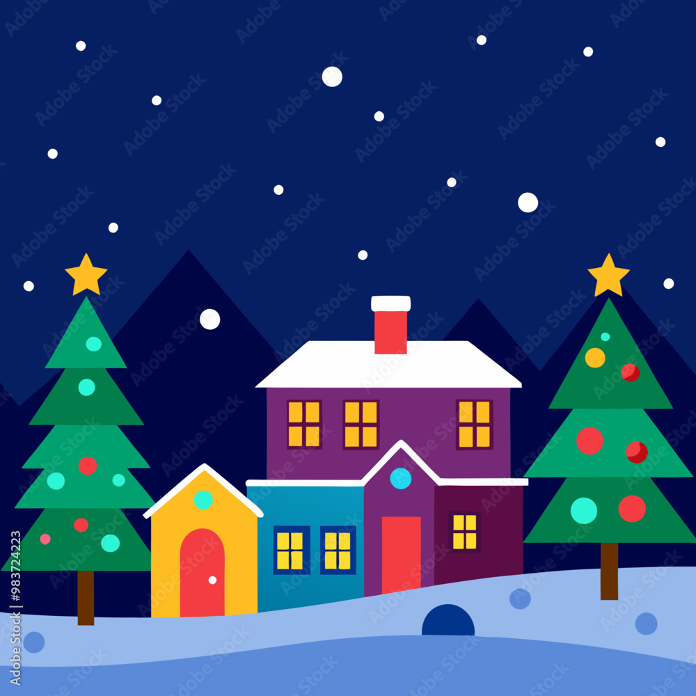 Christmas suburban winter wonderland with colorful lights, Christmas decorated houses, Christmas colorful lights, night time, starry night Christmas suburban winter wonderland with colorful lights, Christmas decorated houses, Christmas colorful lights, night time, starry night