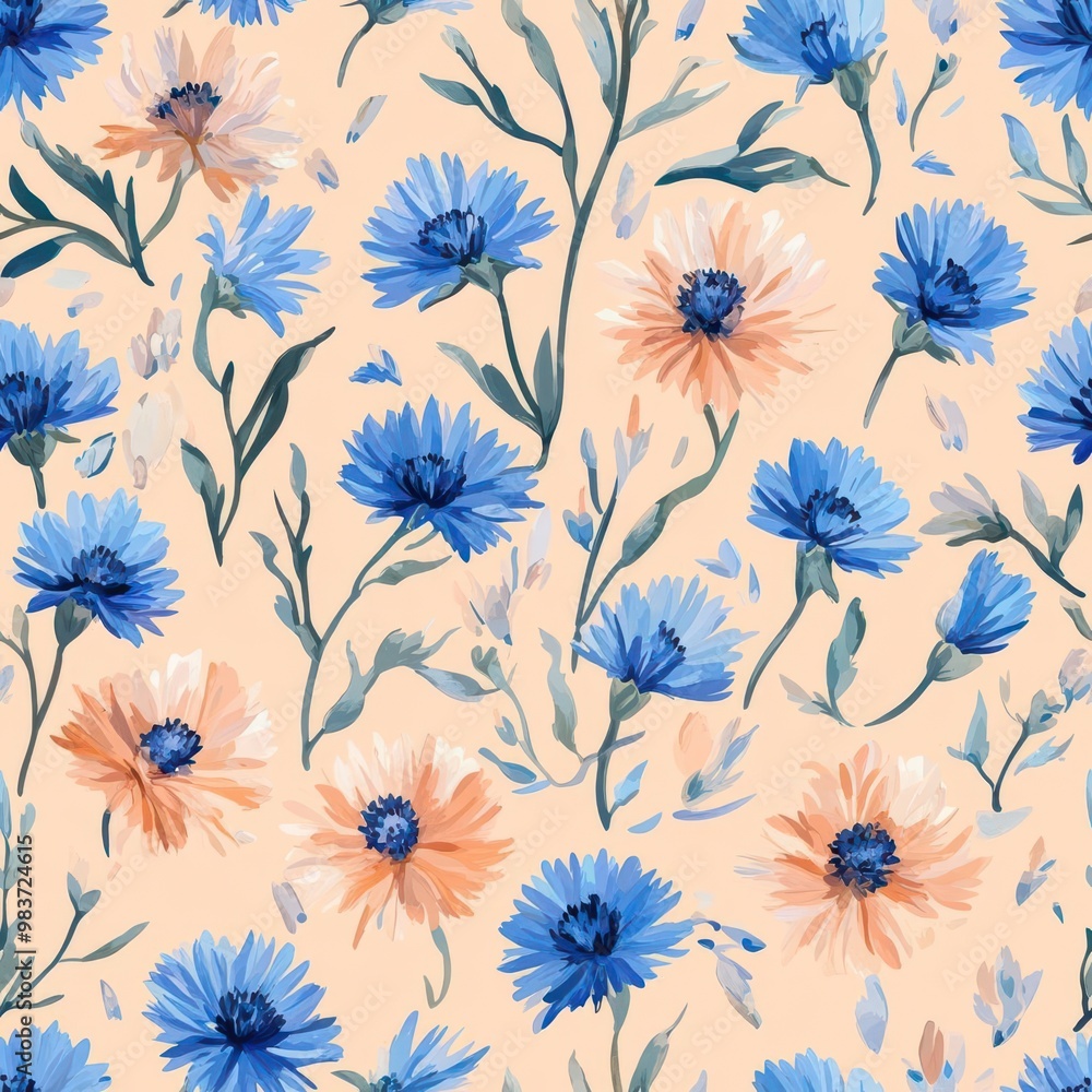 Cornflower pattern on soft peach pastel background, viewed from the top down perspective. Cornflower pattern on soft peach pastel background, viewed from the top down perspective.
