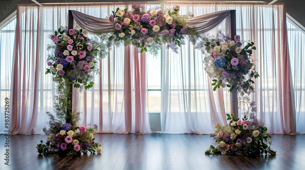 Floral Elegance: A wooden wedding arch adorned with pastel blooms, draped in sheer fabric, stands gracefully before panoramic windows, embodying romantic sophistication. Floral Elegance: A wooden wedding arch adorned with pastel blooms, draped in sheer fabric, stands gracefully before panoramic windows, embodying romantic sophistication.