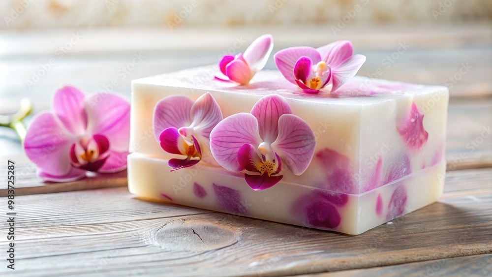 Handmade soap bar with delicate orchid petals embedded, spa concept, handmade, soap, orchid, petals, embedded, spa, concept Handmade soap bar with delicate orchid petals embedded, spa concept, handmade, soap, orchid, petals, embedded, spa, concept