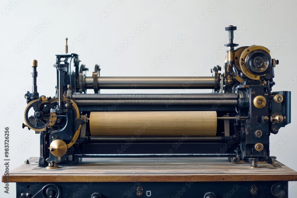 Fototapeta premium A vintage printing press machine used in the industry. A close up shot of a historical printing press, showcasing its intricate mechanisms, gears, and rollers, highlighting the importance of printing