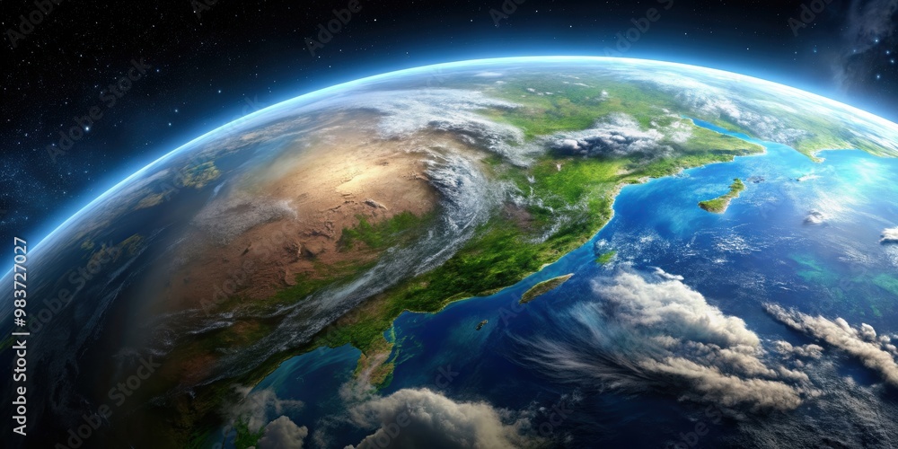Fototapeta premium Aerial view of Earth's surface from above with rendering, aerial, flying, planet, Earth, surface, rendering, view