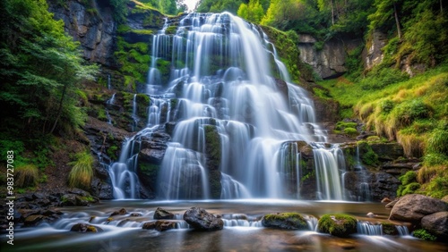 Vertical long exposure shot of waterfall cascading down the mountainside , waterfall, long exposure, vertical