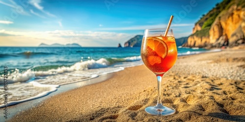 Fototapeta Naklejka Na Ścianę i Meble -  Watercolor of a refreshing Aperol Spritz cocktail on a sandy beach in Amalfi, Italy , Aperol Spritz, cocktail, beach, Amalfi
