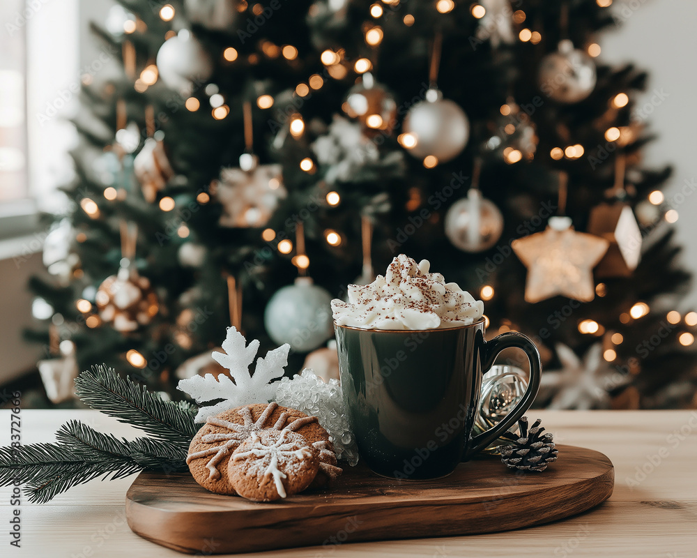 Christmas Breakfast with Hot Chocolate and Cookies. Christmas Tree in the Background Christmas Breakfast with Hot Chocolate and Cookies. Christmas Tree in the Background
