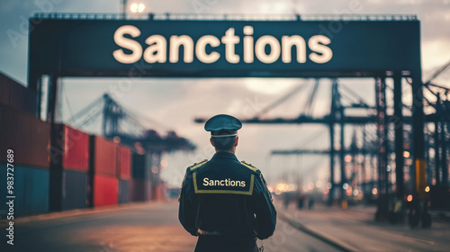 A customs officer stands resolutely in front of large sign reading Sanctions, symbolizing enforcement of trade regulations. scene captures tension and importance of trade control