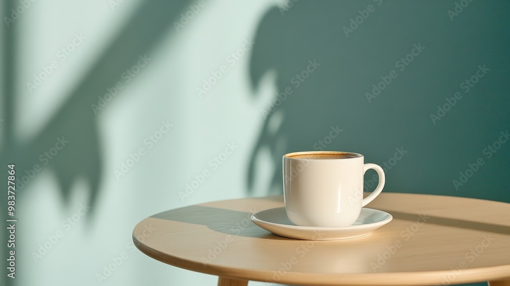 A white coffee cup with a hint of cream on top rests on a light wooden table, bathed in soft sunlight, a perfect start to the day. A white coffee cup with a hint of cream on top rests on a light wooden table, bathed in soft sunlight, a perfect start to the day.