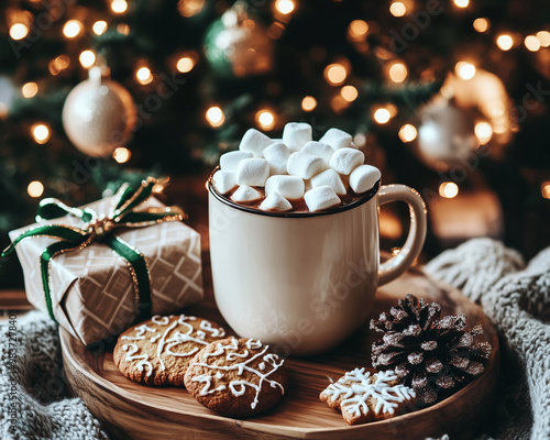  Christmas Breakfast with Hot Chocolate and Cookies. Christmas Tree in the Background photo