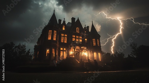 A large, imposing mansion with lit windows is illuminated by a dramatic lightning strike during a stormy night.