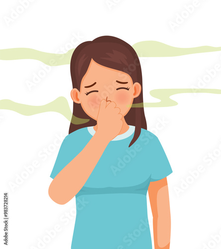 young woman cover her nose smell something stinky and disgusting