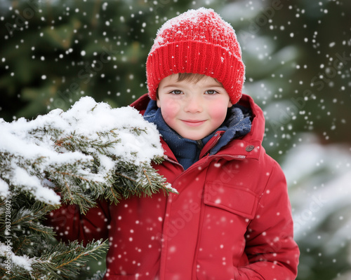 Cute Little Boy Smiling at a Traditional Christmas Market During the Snowfall. He’s Standing Next to a Christmas Tree Lit with Lights. Merry Christmas