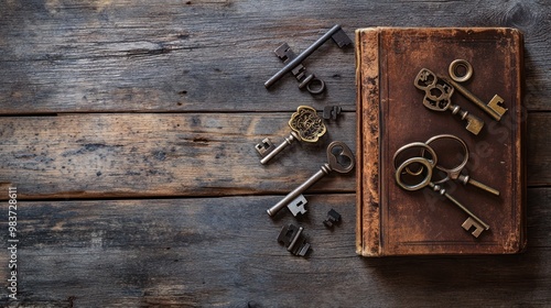 Vintage Keys and Book on Rustic Wooden Background