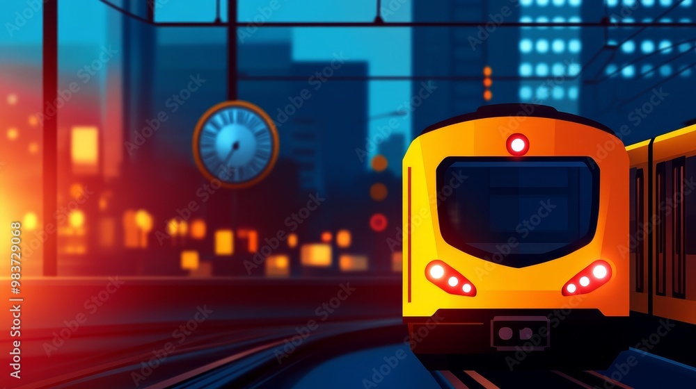 A yellow train arrives at a station in the city at night. The train is illuminated by the city lights, and the clock on the station building indicates that it is late. This image represents a common e A yellow train arrives at a station in the city at night. The train is illuminated by the city lights, and the clock on the station building indicates that it is late. This image represents a common e