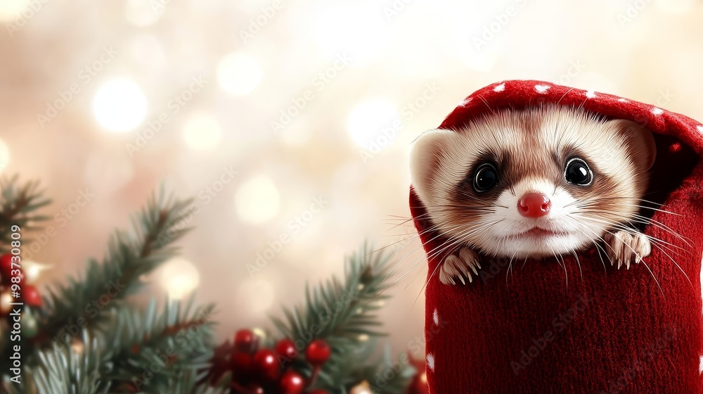 Adorable ferret peeking out of a Christmas stocking, a perfect symbol of holiday joy, cuteness, and the spirit of giving. Adorable ferret peeking out of a Christmas stocking, a perfect symbol of holiday joy, cuteness, and the spirit of giving.