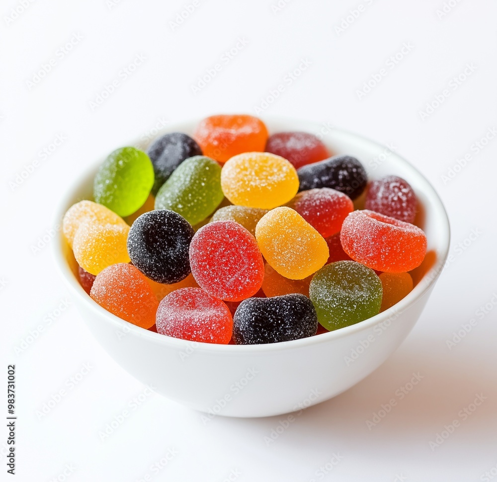 A glass bowl with colorful gummy candies A glass bowl with colorful gummy candies