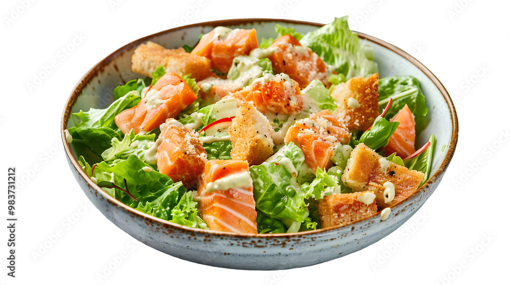 Fresh and Nutritious Salmon Caesar Salad on Light Blue Stone Background for Healthy Eating Concept , Transparent Background Fresh and Nutritious Salmon Caesar Salad on Light Blue Stone Background for Healthy Eating Concept , Transparent Background