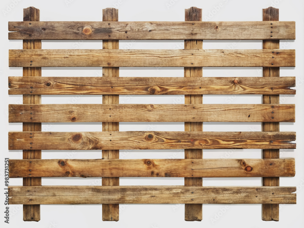 Rustic wooden fence with horizontal slats and vertical posts, showcasing natural grain and texture, isolated on a clean and crisp white background. Rustic wooden fence with horizontal slats and vertical posts, showcasing natural grain and texture, isolated on a clean and crisp white background.