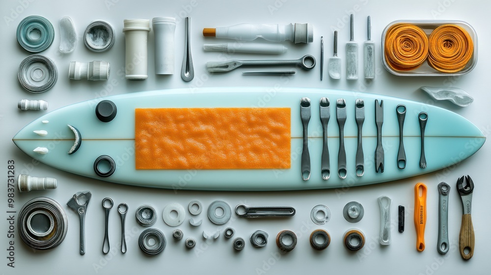 A creative arrangement of tools and objects on a surfboard. A creative arrangement of tools and objects on a surfboard.