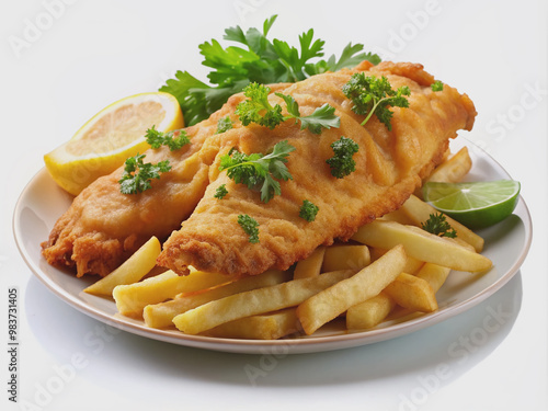 Crispy beer-battered fish and thick-cut golden fries piled high, garnished with parsley, served on a clean white plate against a transparent background.