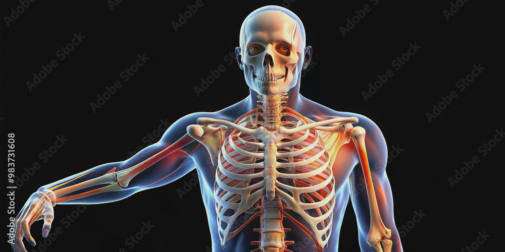 Skeleton of a male figure with a realistically depicted shoulder injury, highlighting detailed anatomical structures for medical or educational illustration purposes. Skeleton of a male figure with a realistically depicted shoulder injury, highlighting detailed anatomical structures for medical or educational illustration purposes.