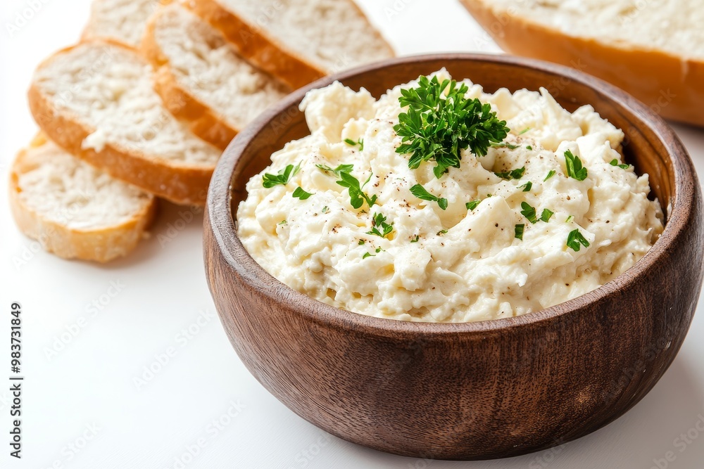 Bavarian Obazda cheese spread with bread, a traditional German delicacy, made with creamy cheese, butter, onions, paprika, and spices, served in a wooden bowl with fresh parsley. Bavarian Obazda cheese spread with bread, a traditional German delicacy, made with creamy cheese, butter, onions, paprika, and spices, served in a wooden bowl with fresh parsley.