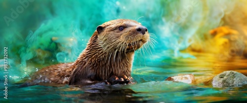 An otter swims in vibrant, multicolored waters, exuding curiosity and playfulness. The mixture of colors in the water adds a surreal touch to this lively wildlife scene. photo