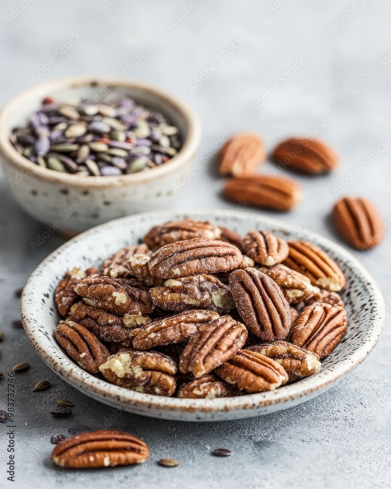 A bowl of sweet pecans alongside a small bowl of mixed seeds, set on a textured surface. A bowl of sweet pecans alongside a small bowl of mixed seeds, set on a textured surface.