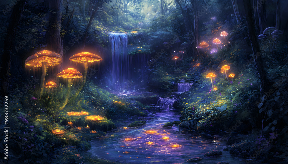 Fototapeta premium A mystical forest with glowing mushrooms, winding rivers, and floating islands, creating a magical and otherworldly feel