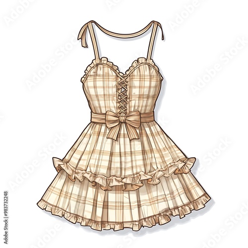 A Detailed Illustration of a Beige and Brown Checked Dress with a Bow and Ruffles.