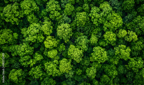 top view on the forest. Aerial top view of green forest tree photo