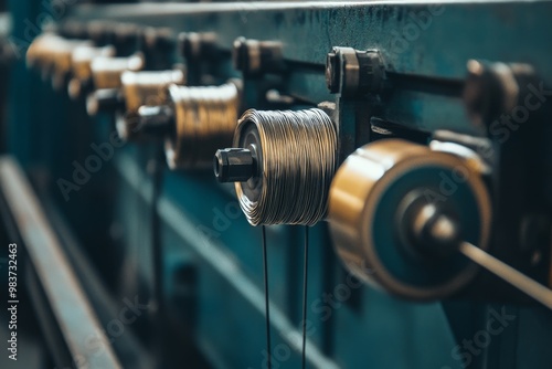 Close-up of a wire drawing machine in an industrial setting, highlighting the precision and automation of the process. The machine is used to draw wire through dies, reducing its diameter and increasi